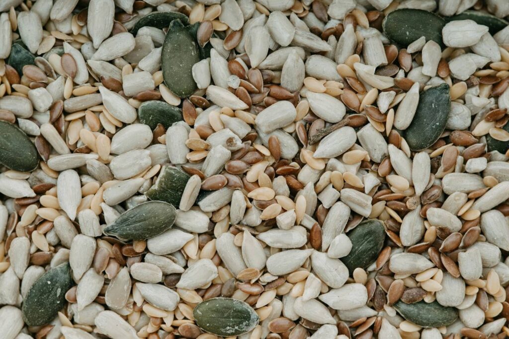 A close-up of mixed pumpkin, sunflower, sesame and flax seeds.