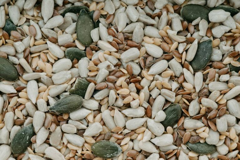 A close-up of mixed pumpkin, sunflower, sesame and flax seeds.