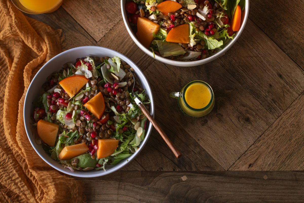 A nourishing bowl of lentils and roasted sweet potato.