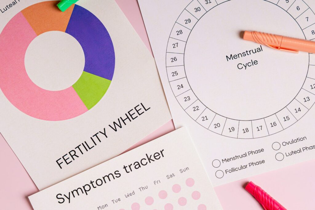 A selection of calendars and cycle tracking charts, used for tracking the menstrual cycle.