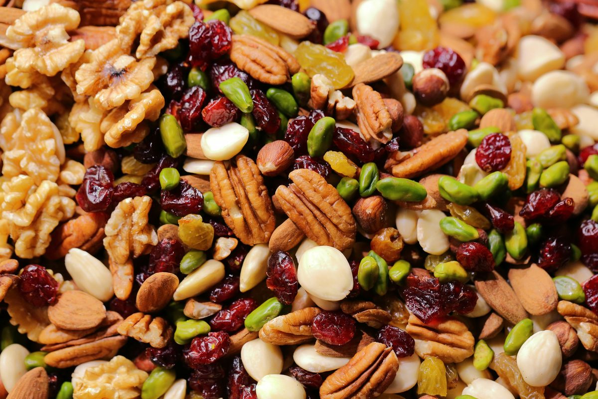 A mix of walnuts, pecans, pistachios and dried cranberries.