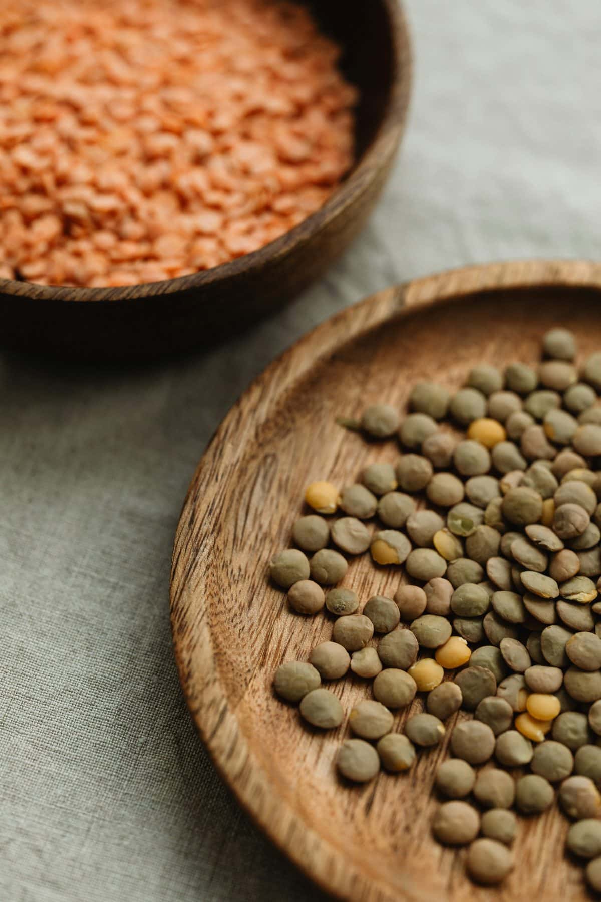 Bowls of red and green lentils, a good source of plant iron.
